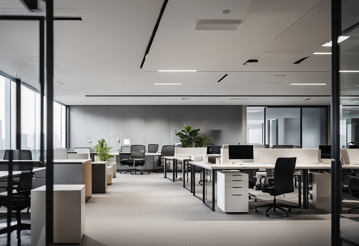 A modern office with sleek, minimalist furniture in a neutral color palette. Clean lines and ergonomic designs create a professional and stylish workspace