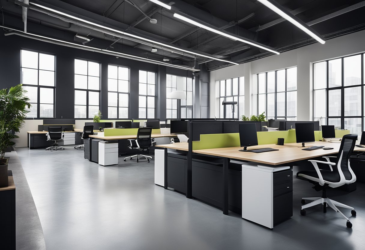 A modern office space with sleek designer furniture, clean lines, and a minimalist aesthetic. The furniture includes ergonomic chairs, adjustable desks, and storage solutions