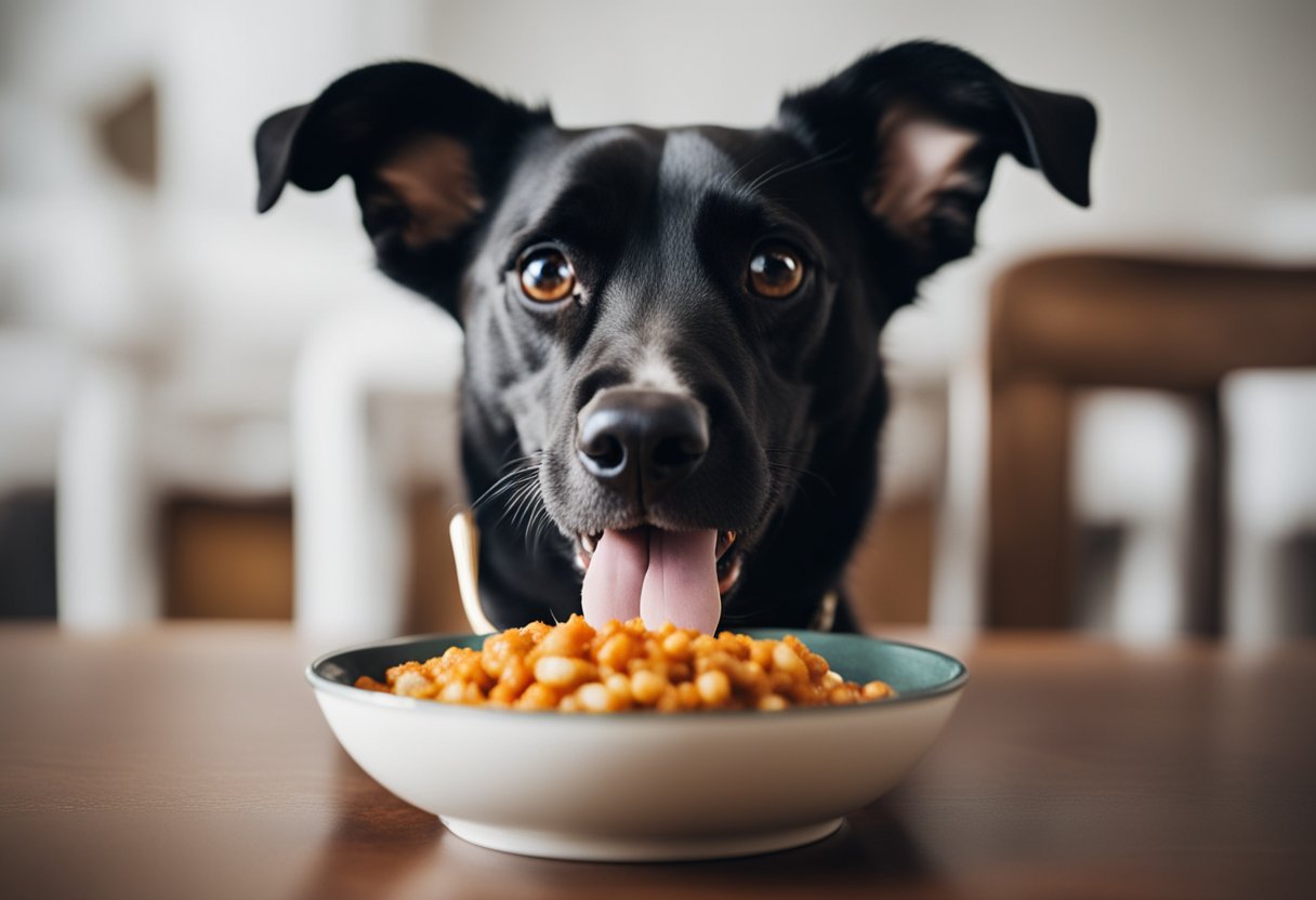 A dog eagerly eats a bowl of spicy food, its tongue hanging out as it savors the flavor