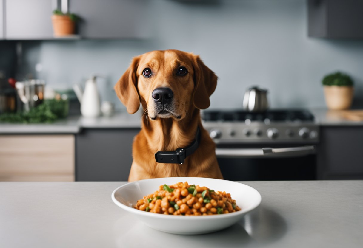 A dog with a puzzled expression, sniffing a bowl of spicy food, while a question mark hovers above its head