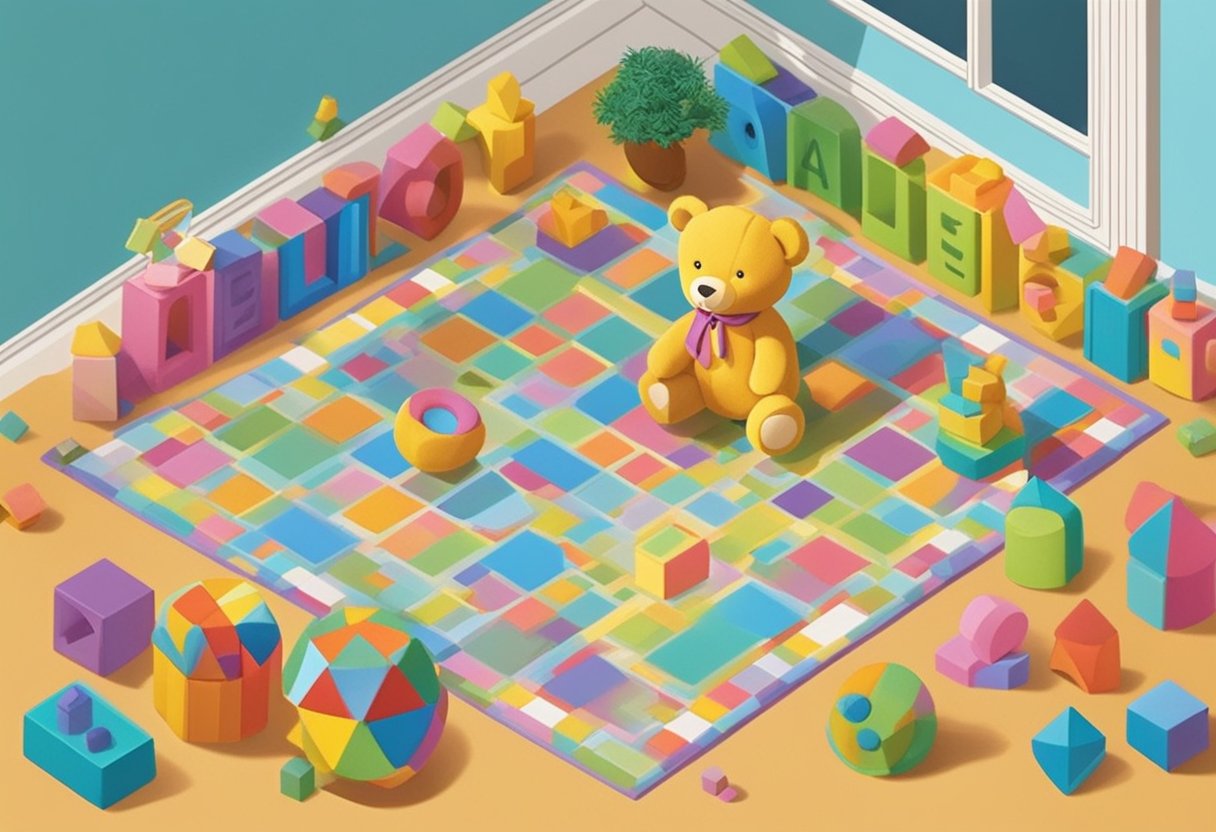 Allison's name spelled out in colorful blocks, surrounded by toys and a teddy bear