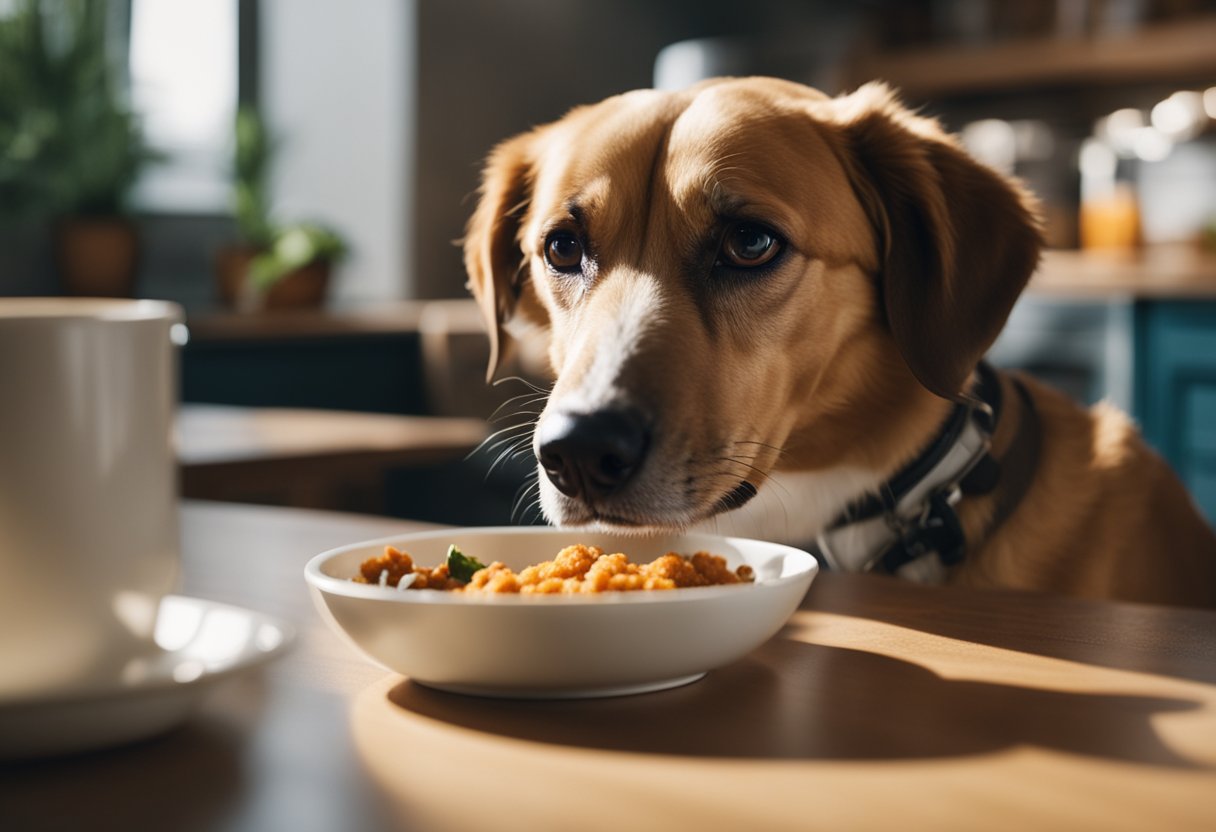 A dog sniffs a bowl of spicy food with a questioning look