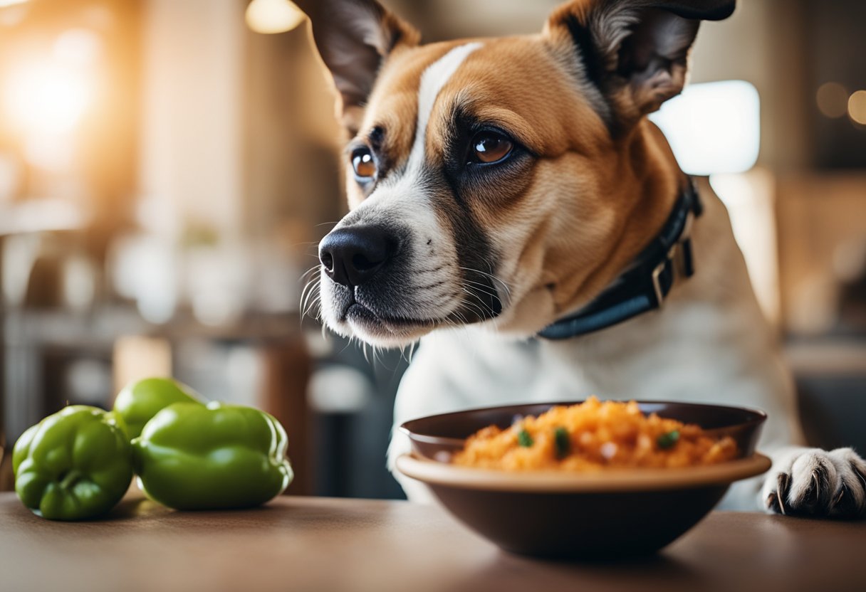A dog sniffs a bowl of spicy food, looking curious and hesitant