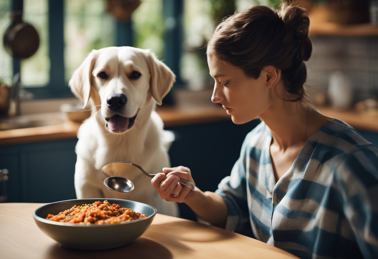 A dog eagerly sniffs a bowl of spicy food, while a worried owner looks on