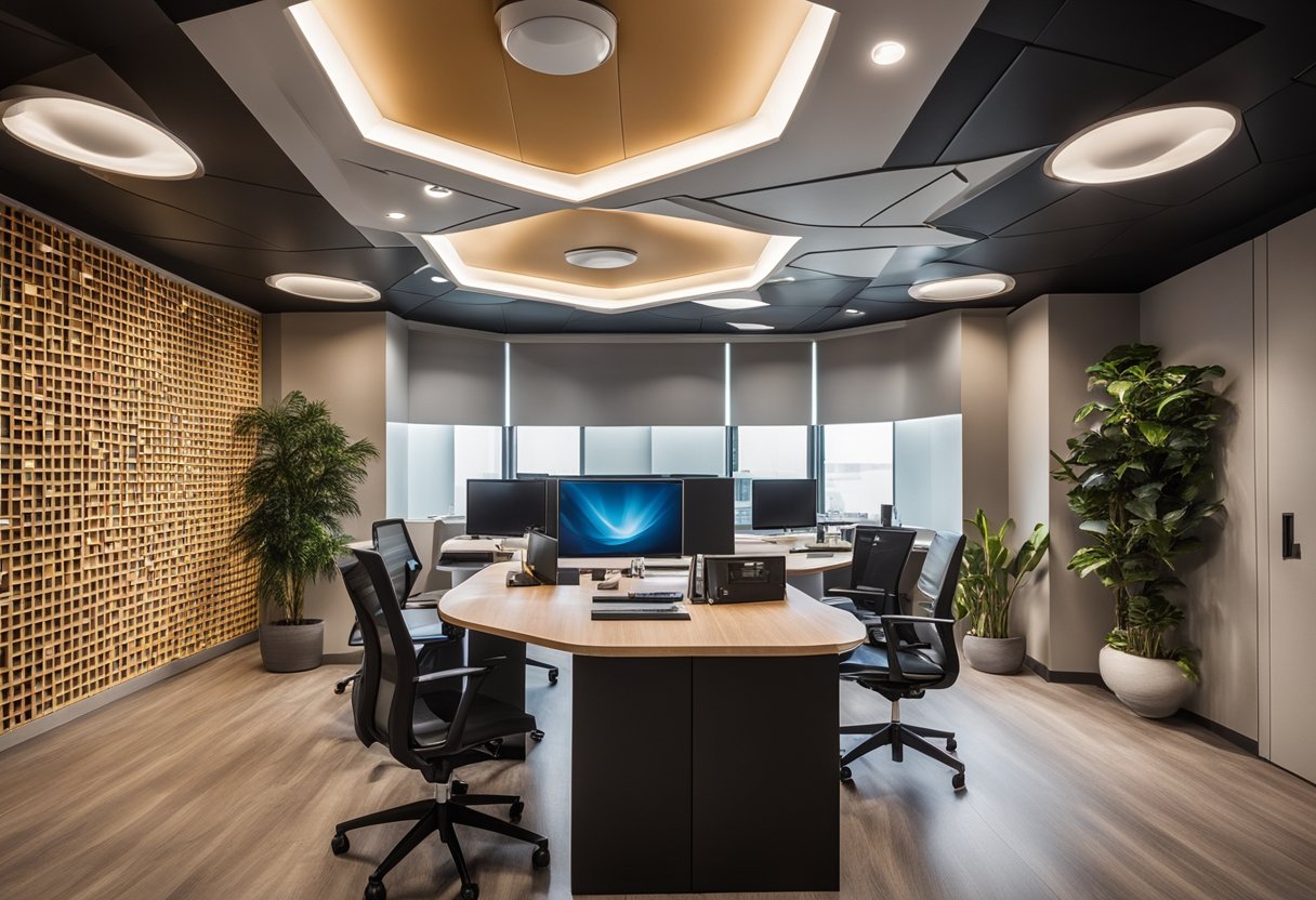 A small office with a modern false ceiling design featuring recessed lighting and geometric patterns