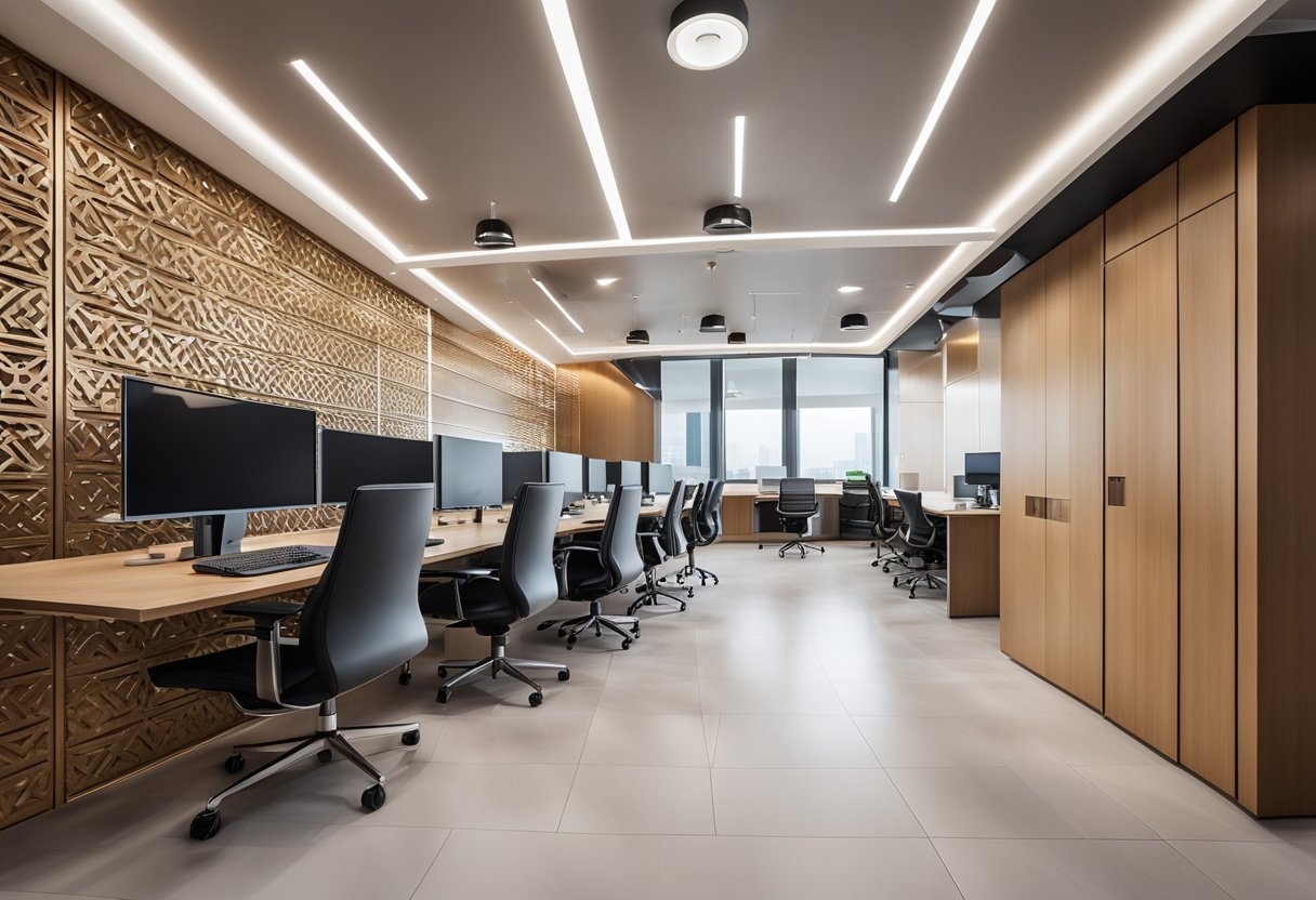 An office with a small false ceiling design, featuring modern lighting fixtures and geometric patterns