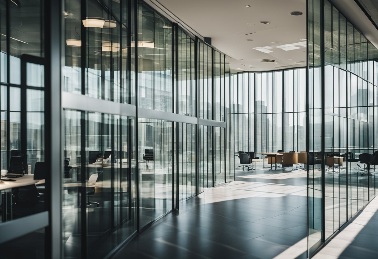 A sleek glass wall with geometric patterns, reflecting natural light in a modern office setting