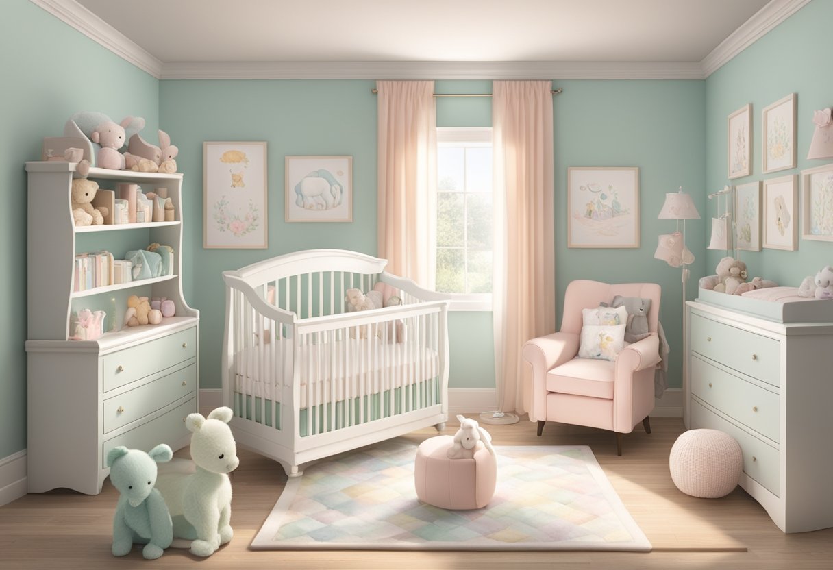 A nursery with a book of baby names open to the page with "Allison" highlighted, surrounded by soft pastel colors and cute baby animal decorations