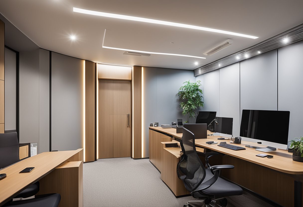 A small office with a false ceiling design, maximizing space with efficient lighting and storage solutions