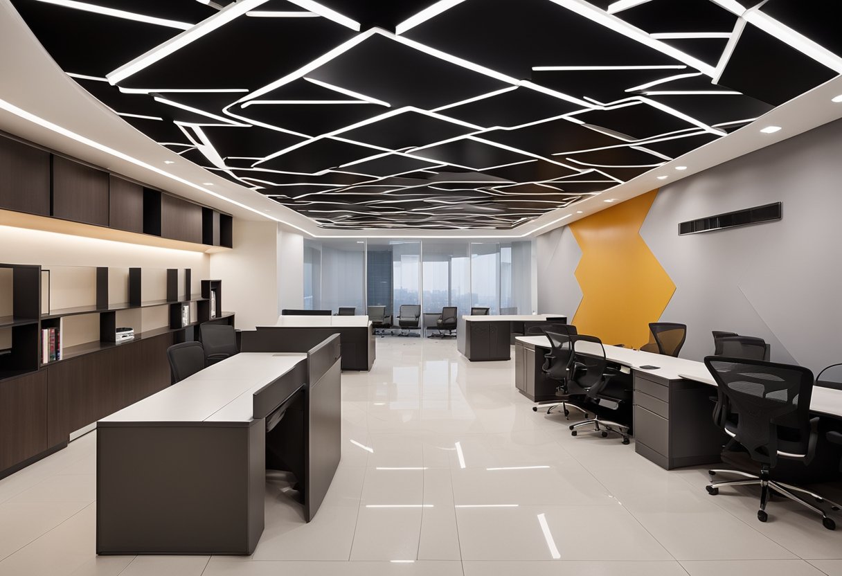A small office with a modern false ceiling design, featuring recessed lighting and geometric patterns
