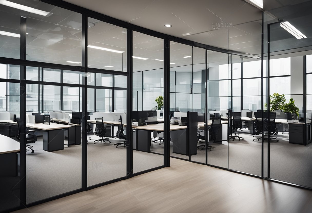 A modern office with glass partitions dividing workspaces, allowing natural light to flow through the open layout