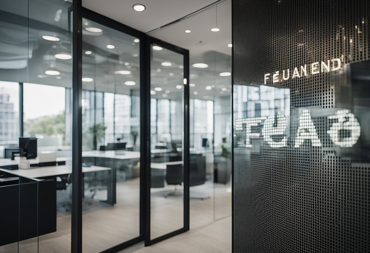 A sleek glass wall with "Frequently Asked Questions" in bold letters, surrounded by modern office decor and a professional atmosphere