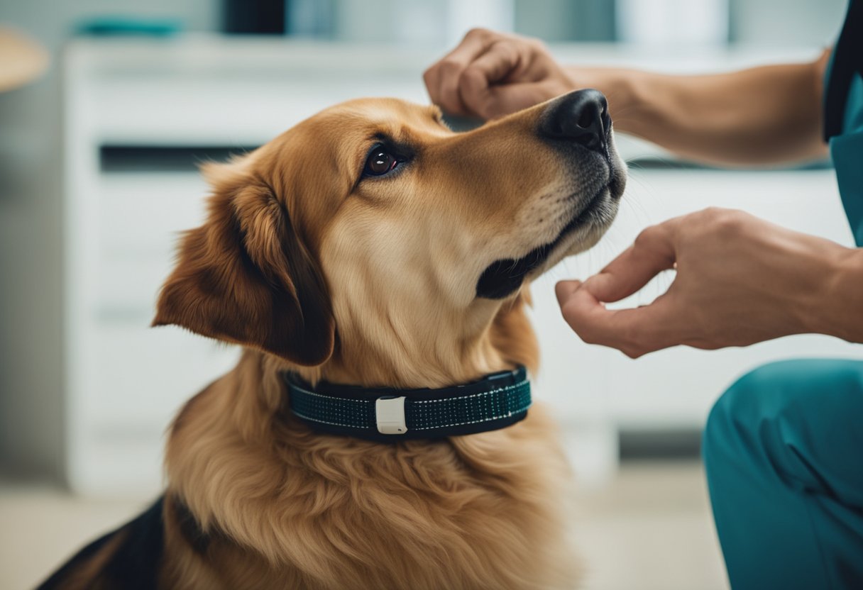 A dog wearing a tick collar and receiving a topical tick prevention treatment from a veterinarian