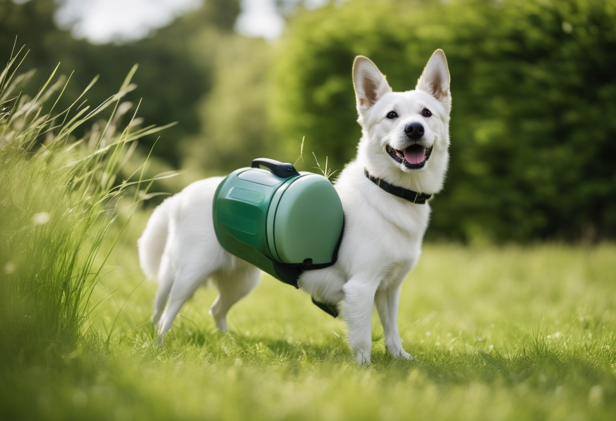 A dog wearing a tick collar while playing in a yard with tall grass and bushes. A bottle of tick prevention spray and a tick removal tool are nearby