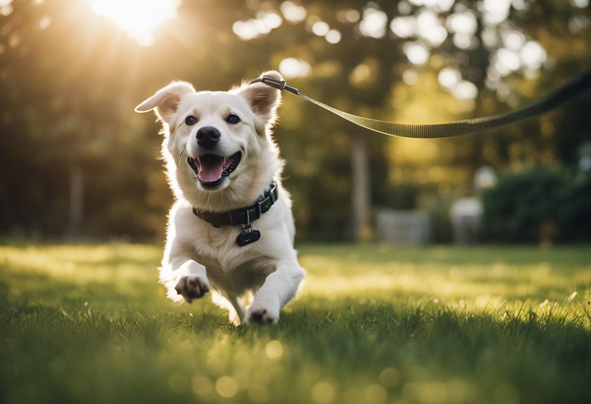 A happy dog wearing a tick collar while playing in a tick-free yard