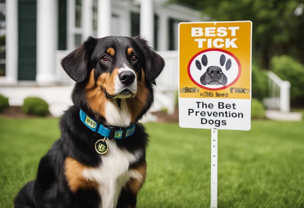 A dog wearing a tick collar while playing in a tick-free yard with a sign reading "Best Tick Prevention for Dogs" in the background