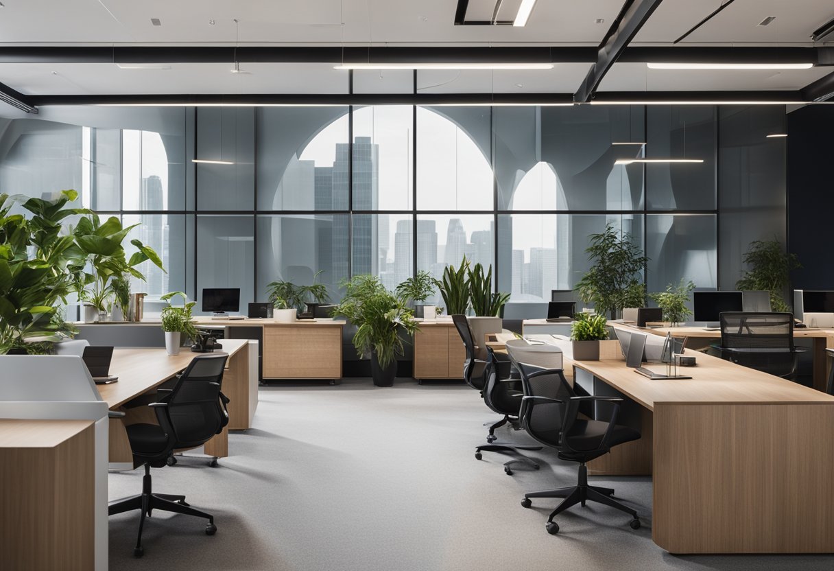 Sleek desks, modern chairs, and large windows fill the spacious office. A striking mural adorns the wall, while plants and minimalist decor add a touch of elegance
