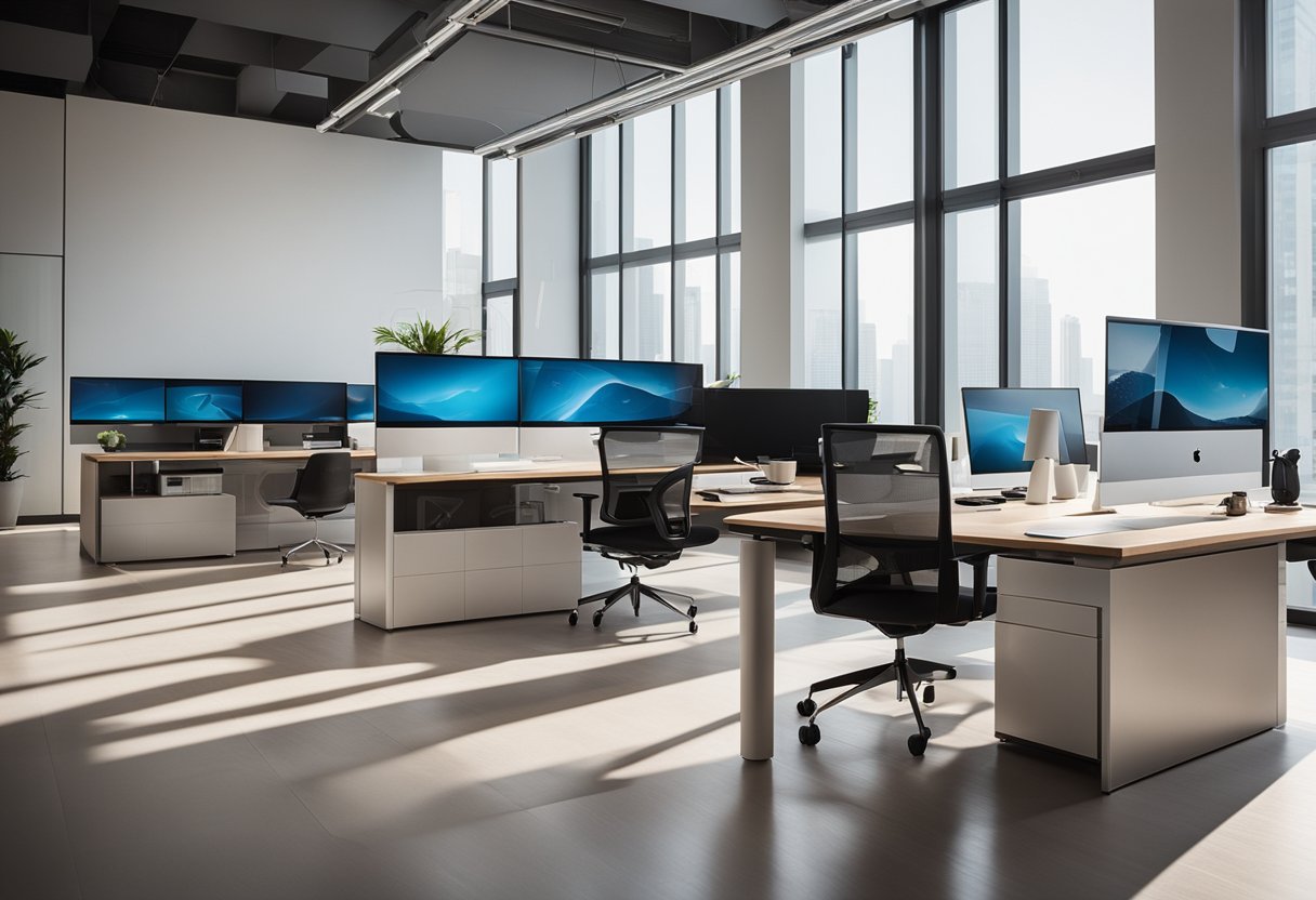 Sleek, modern furniture, ample natural light, vibrant accent colors, and innovative technology integrated into the workspace