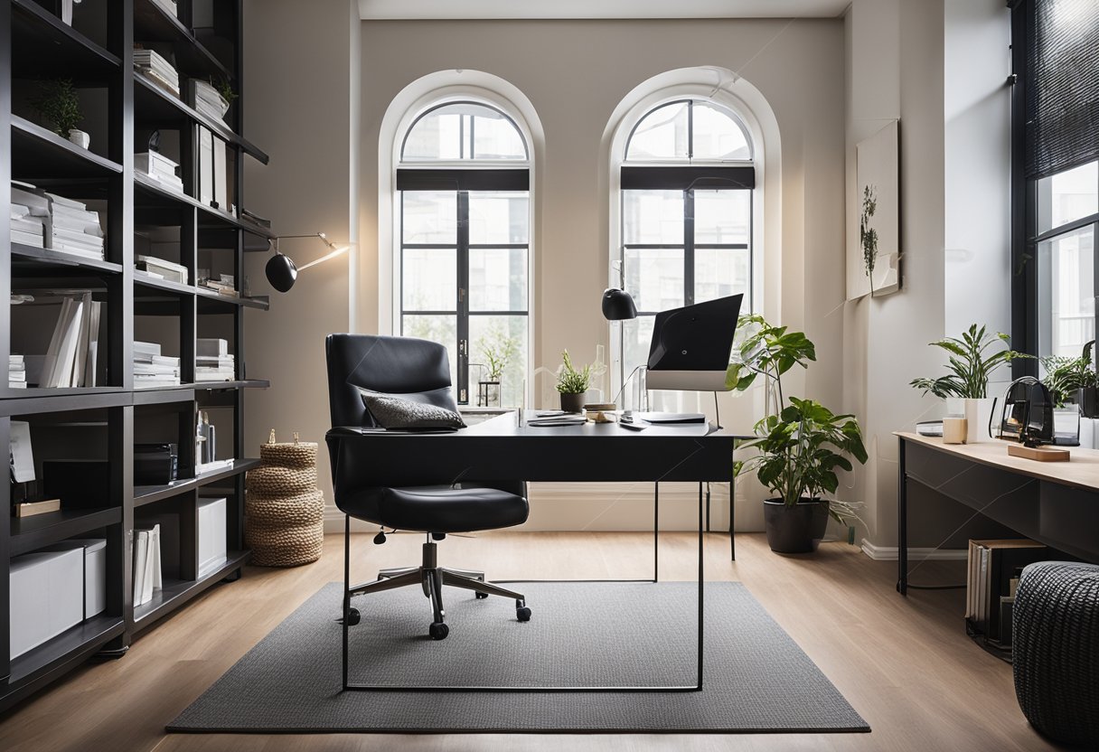 A spacious home office with a large desk facing a window, shelves for storage, and a comfortable chair for working
