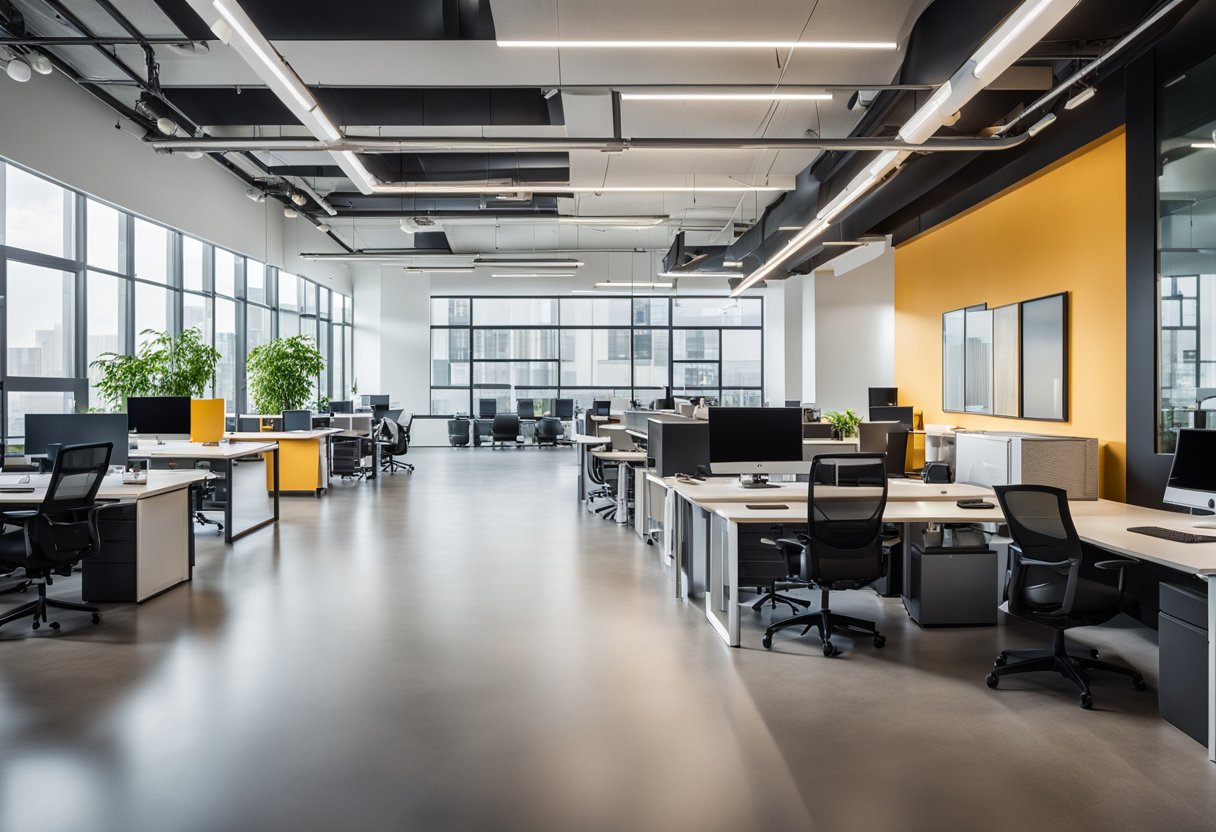 A modern office with sleek furniture, open floor plan, and abundant natural light. The space features vibrant colors, contemporary artwork, and innovative technology