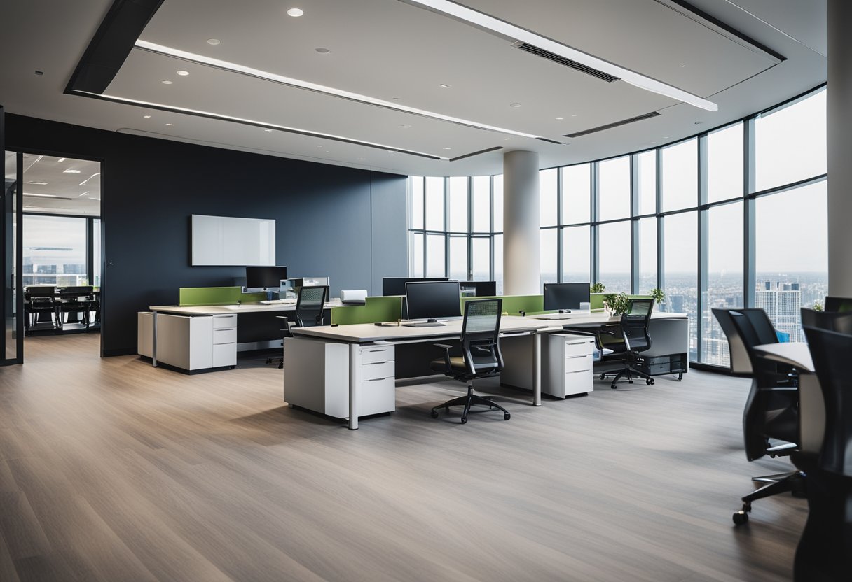 A modern, spacious office with sleek furniture, vibrant accent colors, and large windows offering a panoramic view
