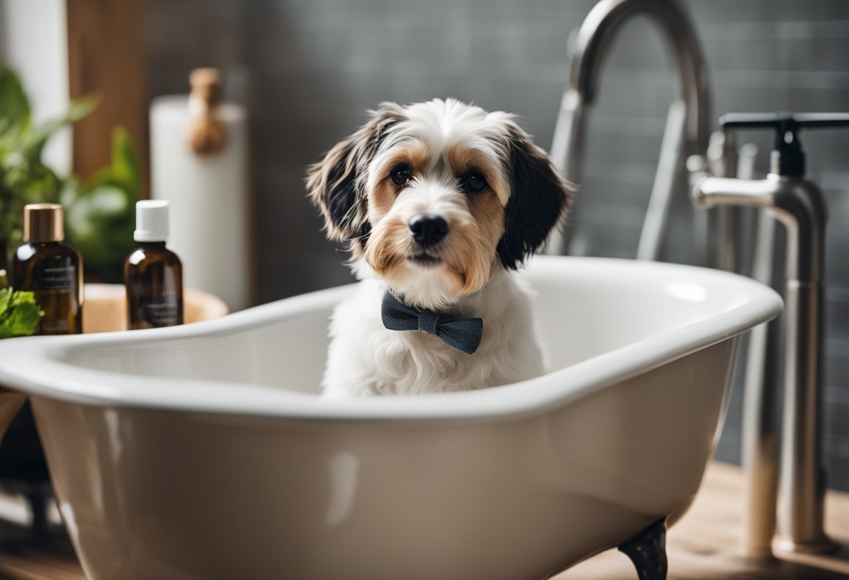 A dog happily sits in a bathtub while being lathered with homemade shampoo. A bottle of essential oils and natural ingredients sits nearby