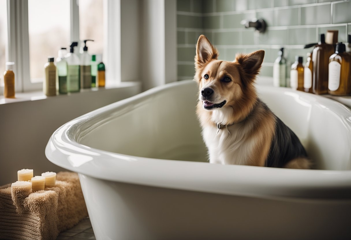 A dog stands in a bathtub surrounded by bottles of homemade shampoo. Fur clumps are visible on the floor, while the dog's coat looks shiny and healthy after the bath