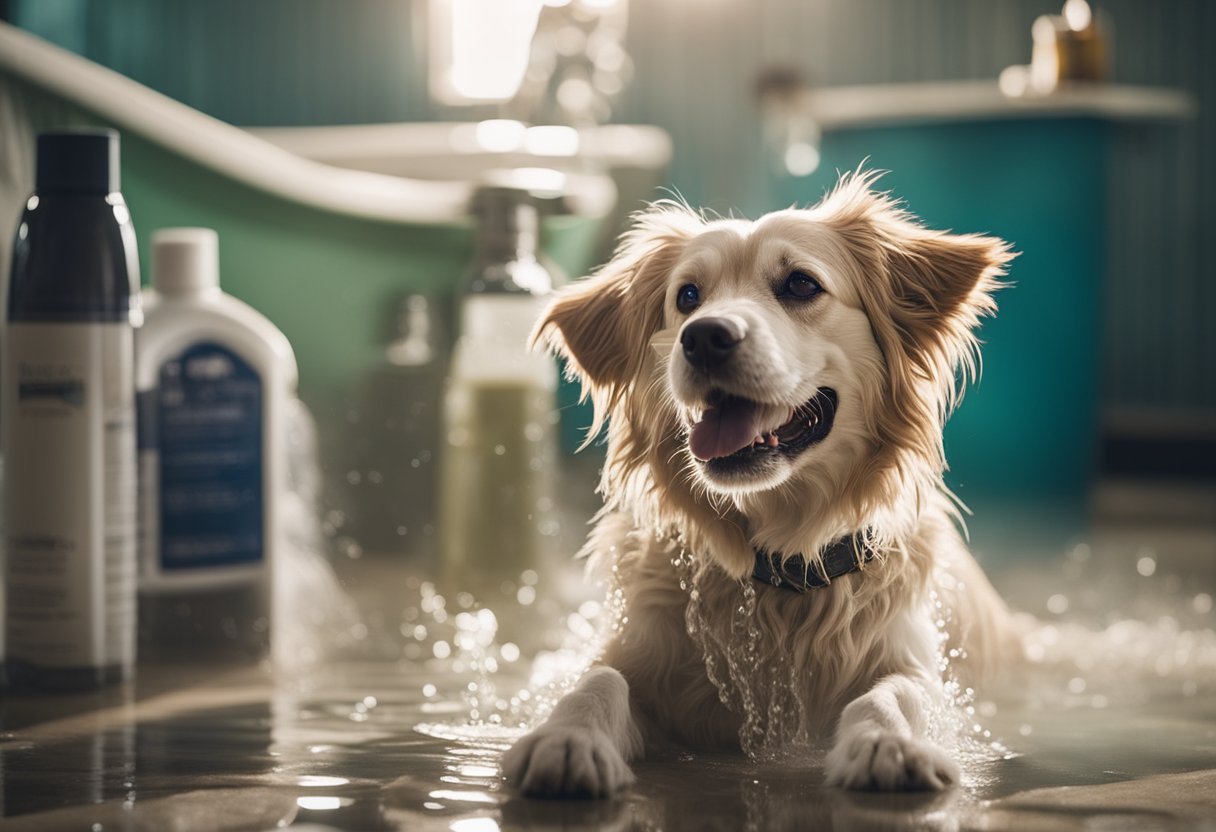 A dog happily shakes off water after a bath, surrounded by bottles of homemade shampoo and a brush for shedding control