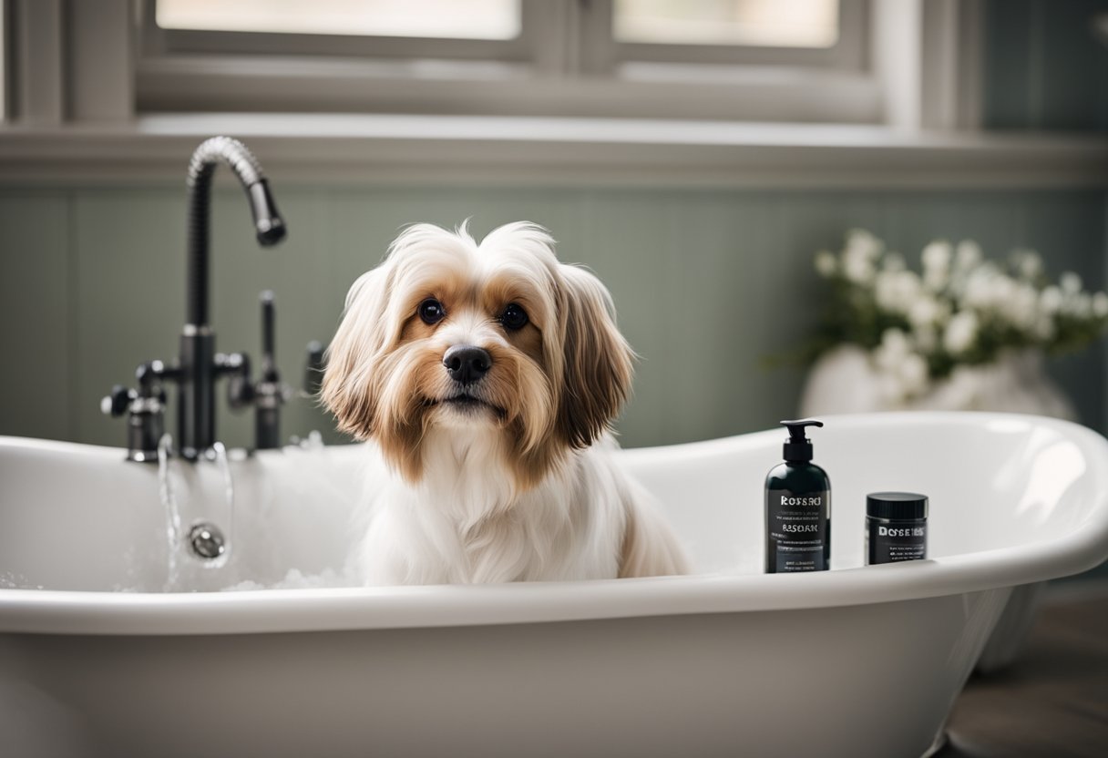 A dog standing in a bathtub with homemade shampoo bottles and shedding fur around