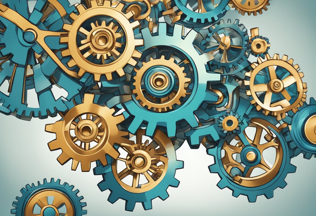 A group of gears and cogs working together in a symphony of motion, symbolizing the collaborative and innovative nature of entrepreneurial spirit