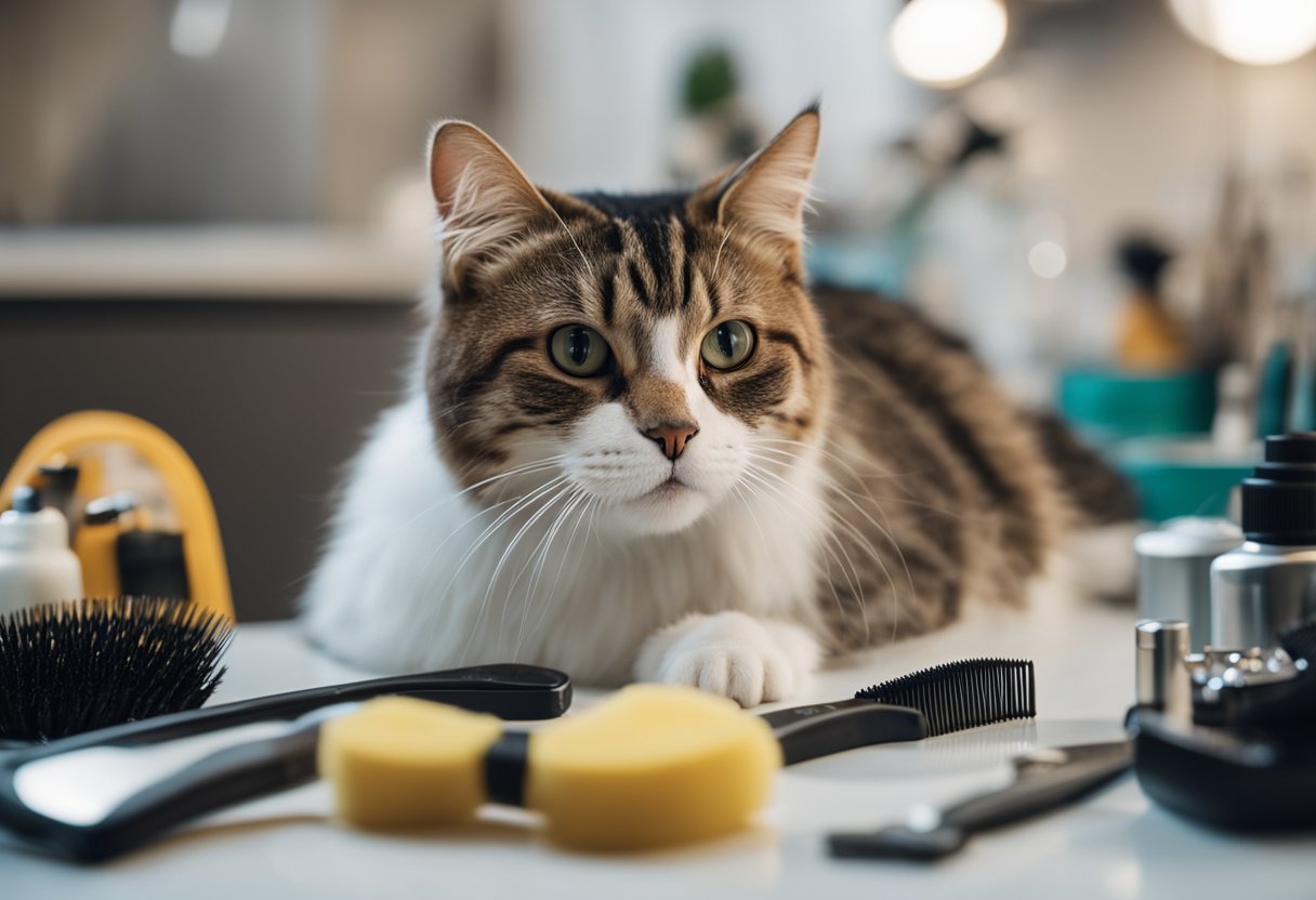 A cat grooming itself excessively, surrounded by scattered grooming tools and a concerned owner watching
