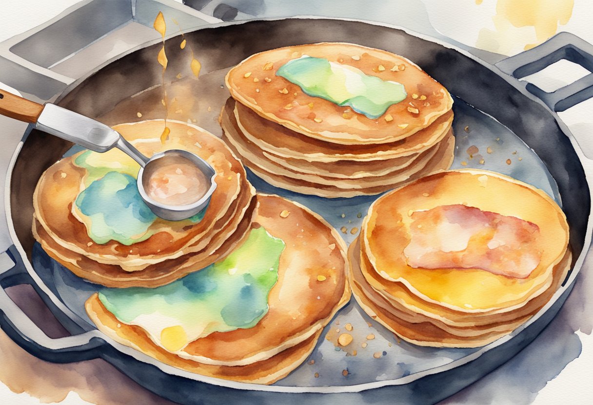 Colorful pancakes, sizzling on a hot griddle, mid-flip with a spatula. A stack of golden, crispy bacon on a nearby plate