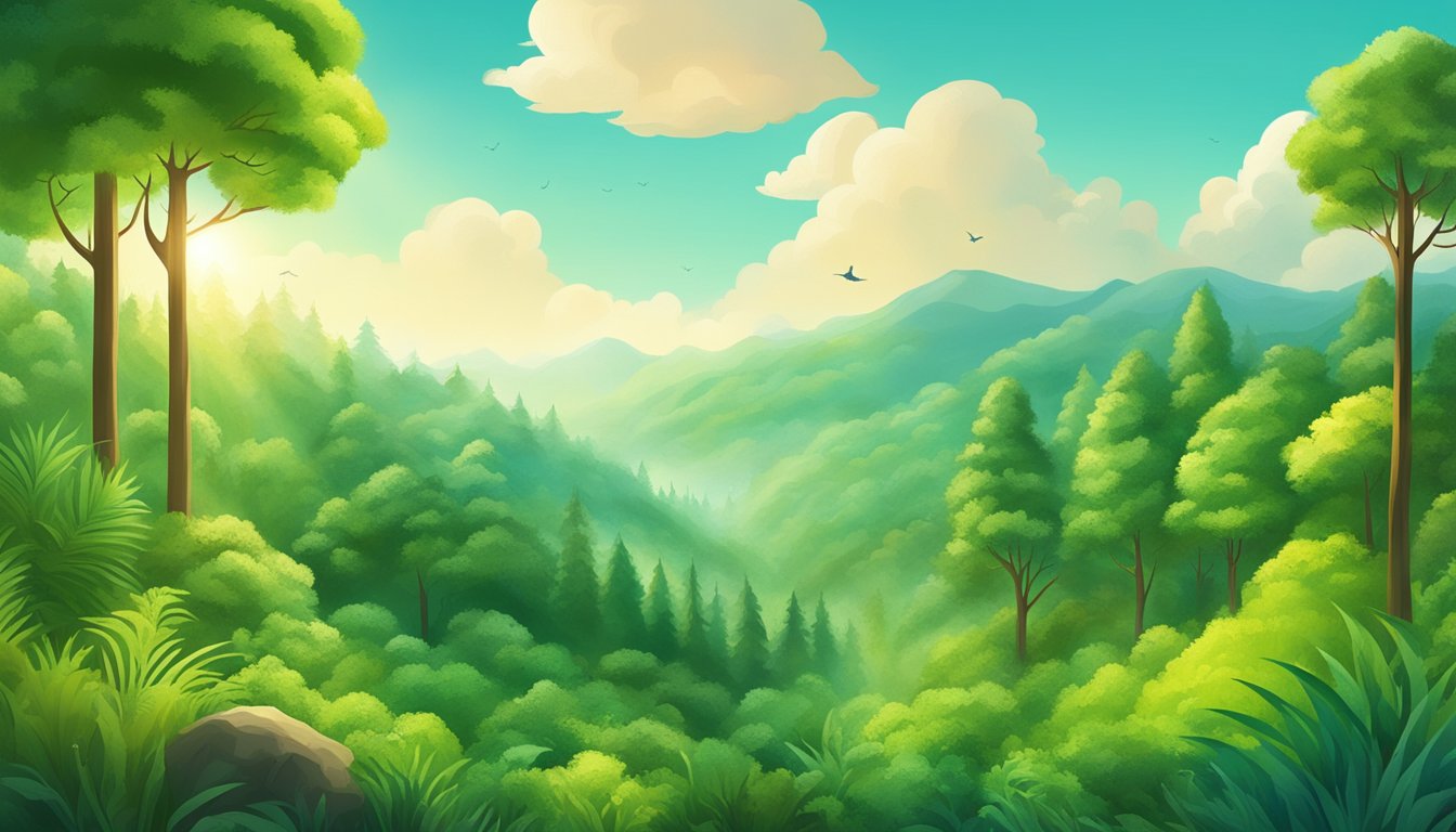 A lush green forest with clear skies, clean air, and vibrant wildlife, showcasing the positive impact of eco-friendly products on health