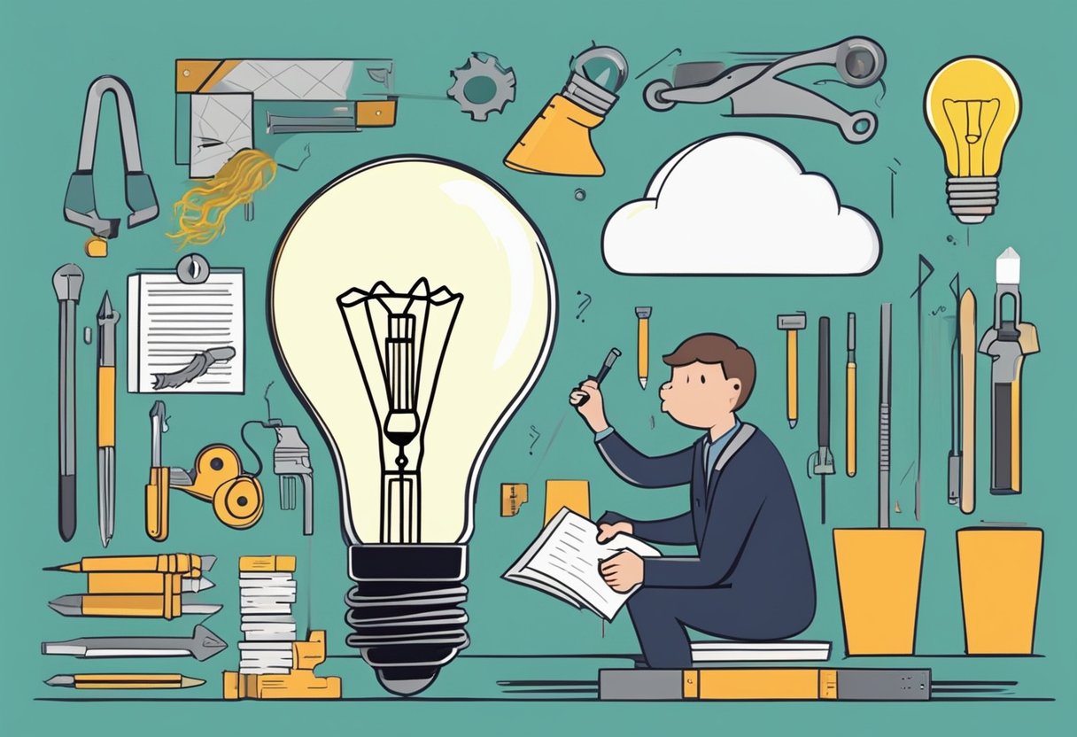 A person brainstorming ideas with a light bulb overhead, surrounded by tools and materials