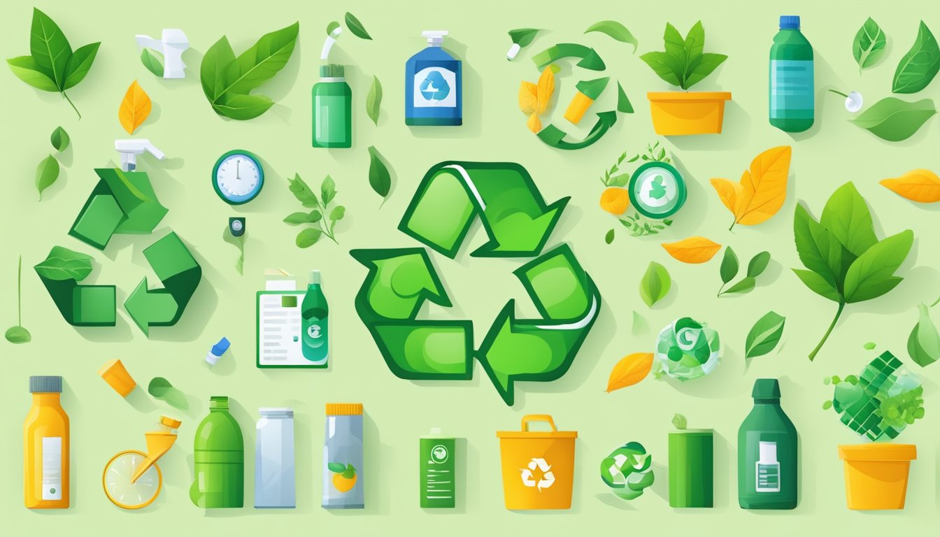 A recycling symbol overlaid with a green leaf, surrounded by various eco-friendly products. A scale shows positive impact on health