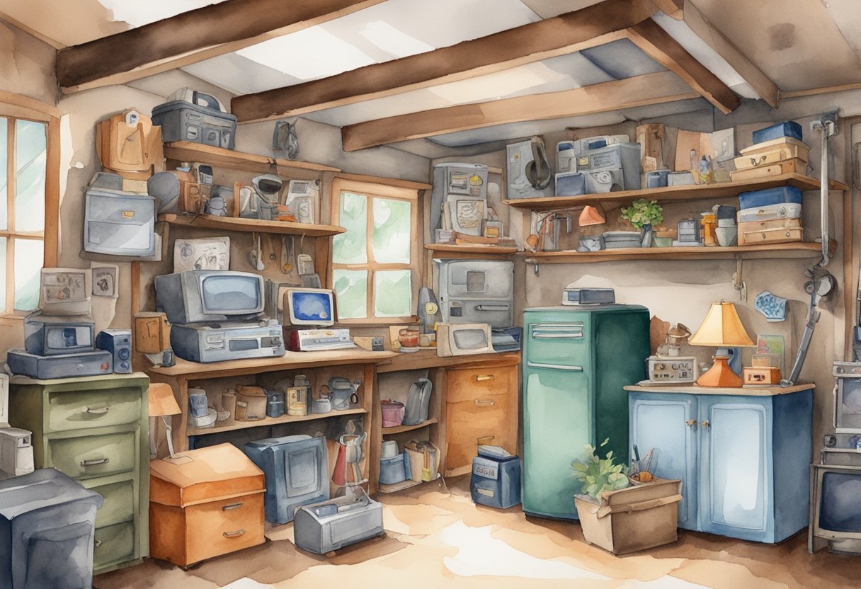 A cluttered garage filled with various items such as old furniture, vintage electronics, and collectible toys. A sign reading "Where to Find Items best things to flip" hangs on the wall