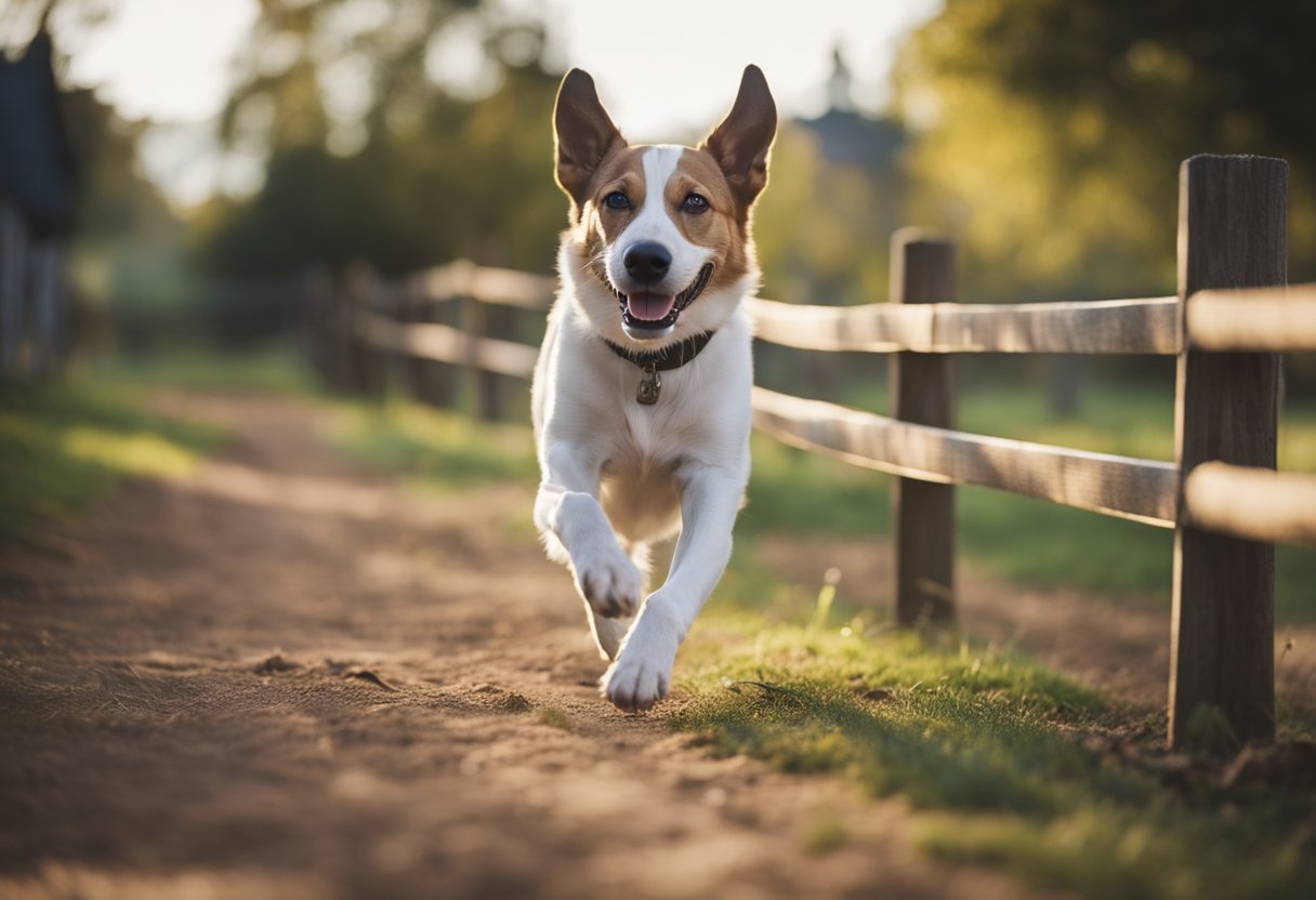 A dog happily bounds within a clear boundary marked by a hidden fence, tail wagging and ears perked up in excitement