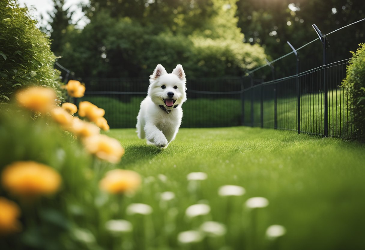 A backyard with a sleek, modern invisible dog fence running along the perimeter, surrounded by lush green grass and vibrant flowers