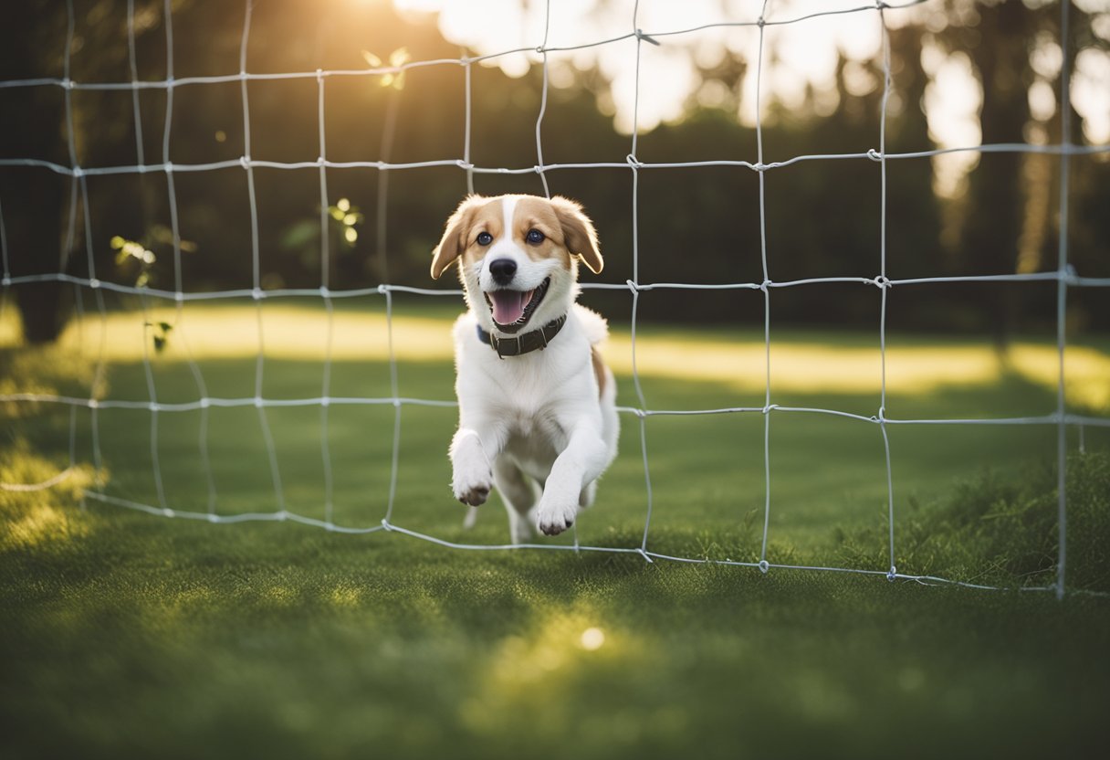 A dog happily playing in a yard, surrounded by a clear boundary marked by an invisible dog fence