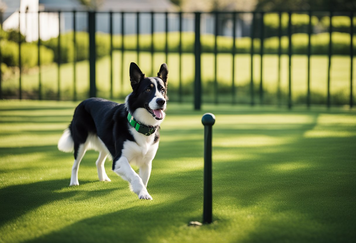 A large backyard with a green lawn and a row of tall, sturdy fence posts. A dog happily playing in the yard, wearing a collar with a small, sleek invisible fence device attached