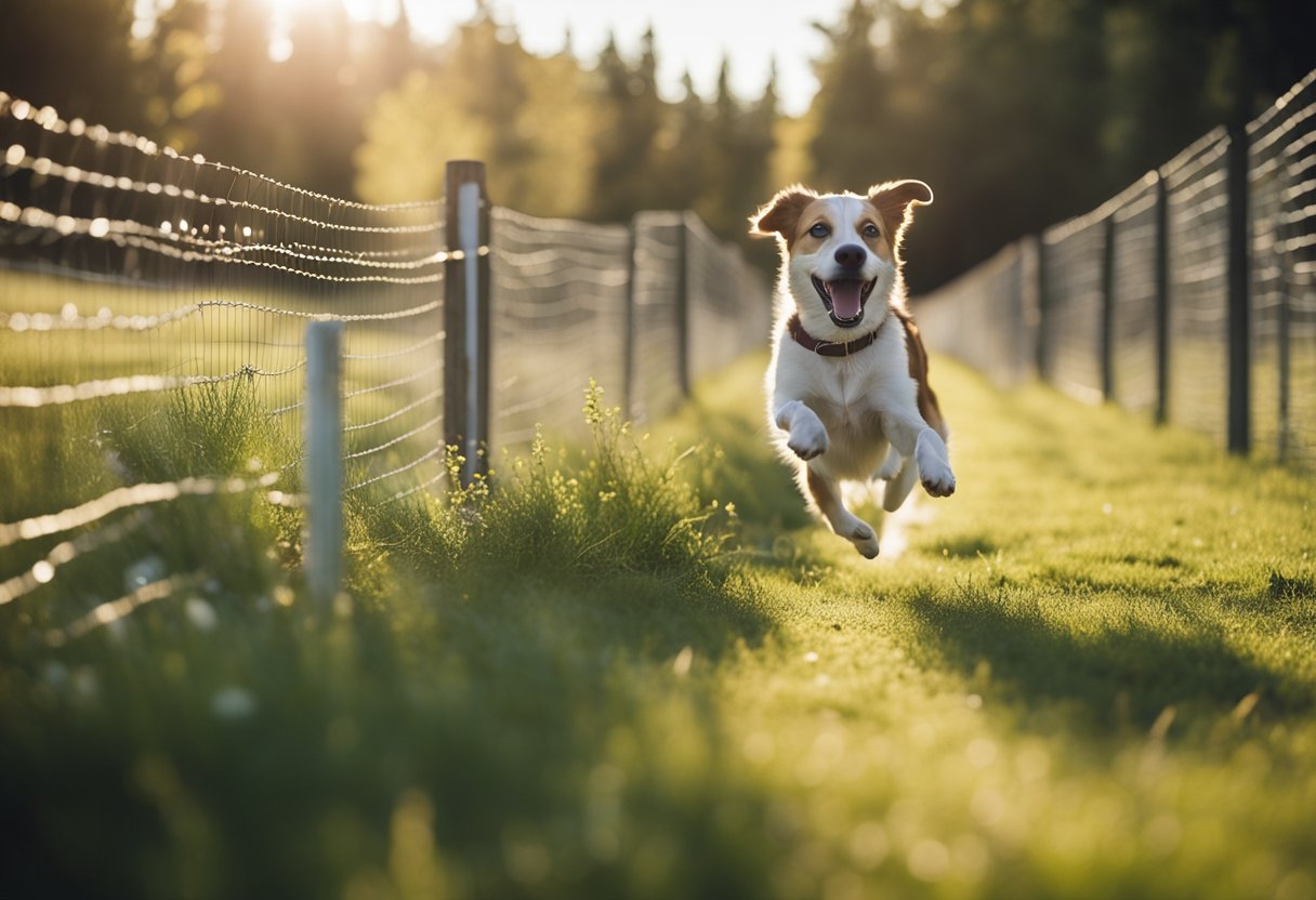 A happy dog running freely within the confines of an invisible fence, with a peaceful and secure expression on its face