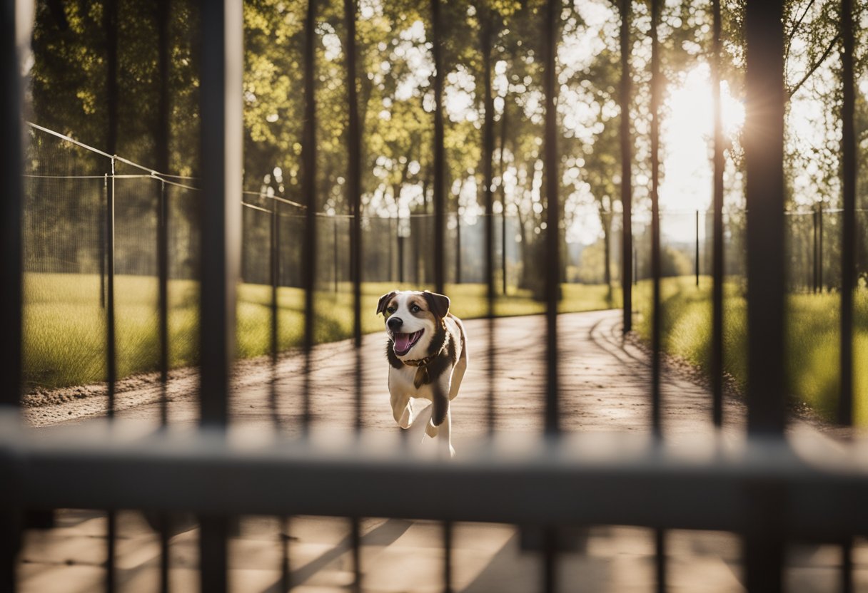A dog happily running within the boundaries of an invisible fence, while a family watches from a distance with smiles on their faces