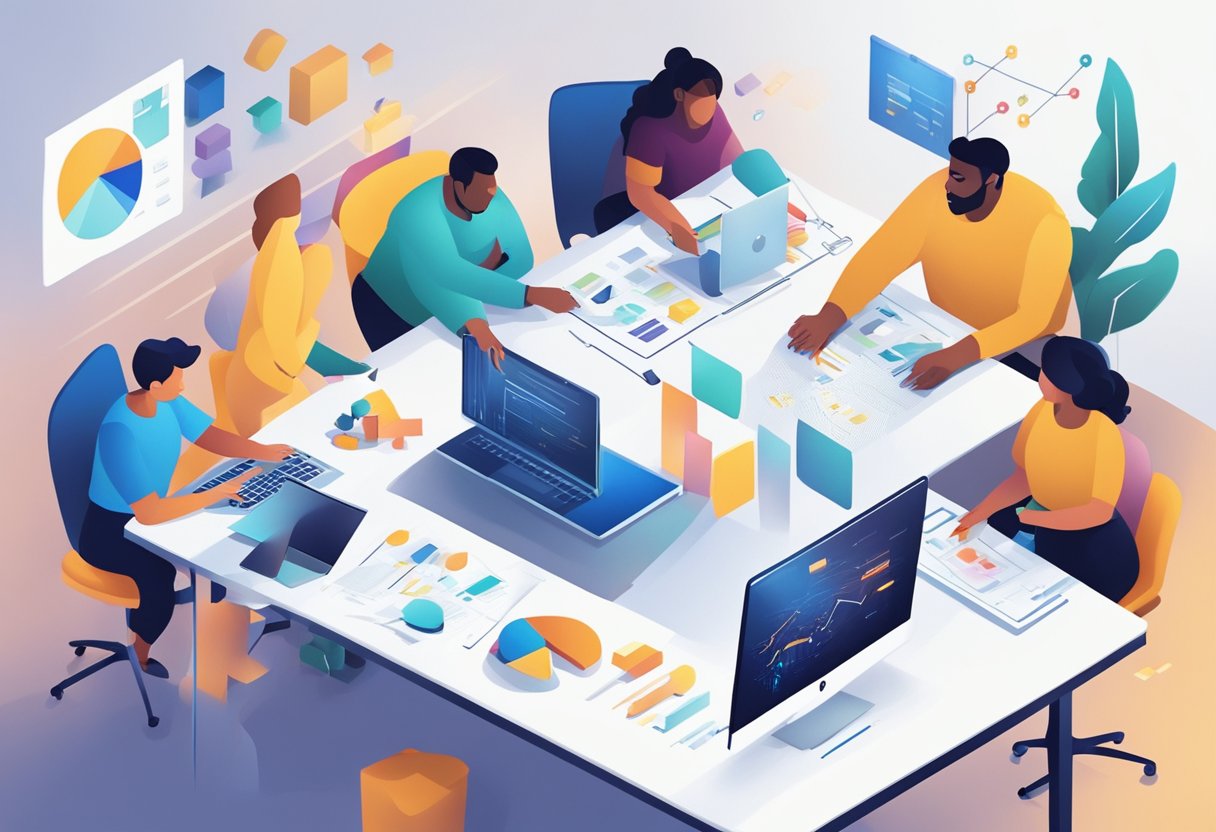 A group of diverse individuals brainstorming and collaborating, surrounded by charts, graphs, and innovative ideas. The atmosphere is filled with energy and excitement as they work together to solve creative problems and foster innovation