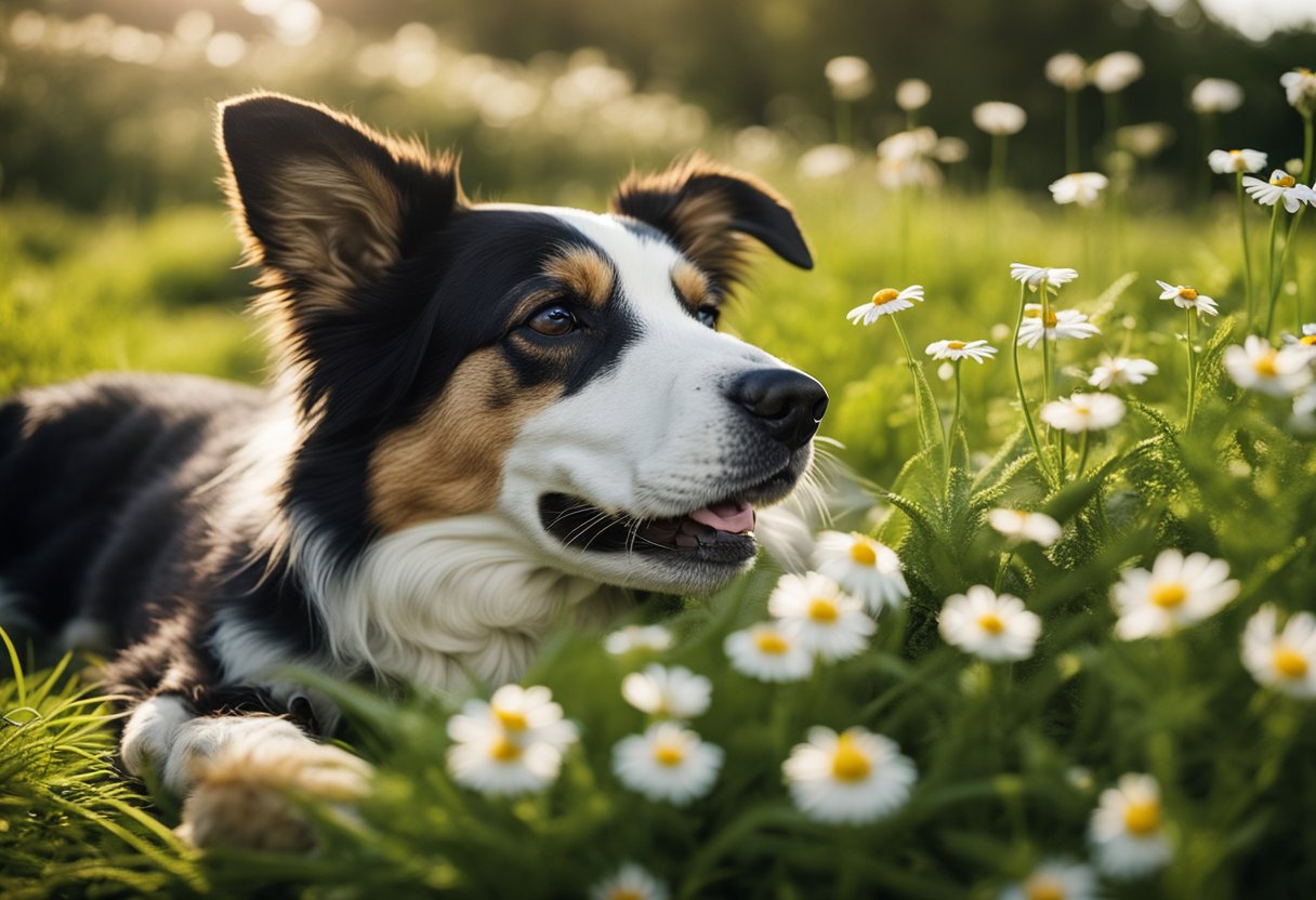 A dog lying on a grassy field, surrounded by various plants like chamomile, nettle, and aloe vera. The dog looks relaxed and content, with no signs of allergies