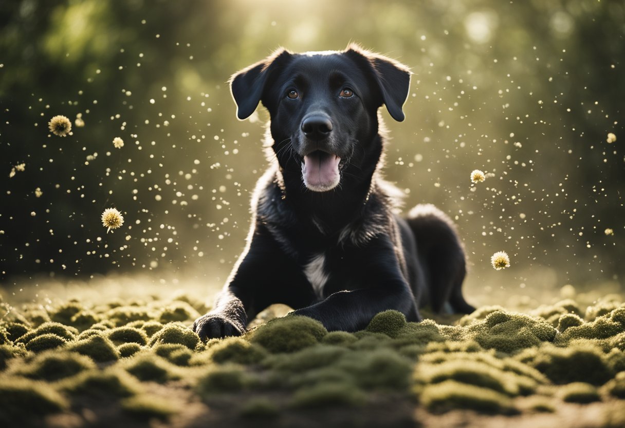 A dog scratching furiously, surrounded by pollen, dust, and mold spores