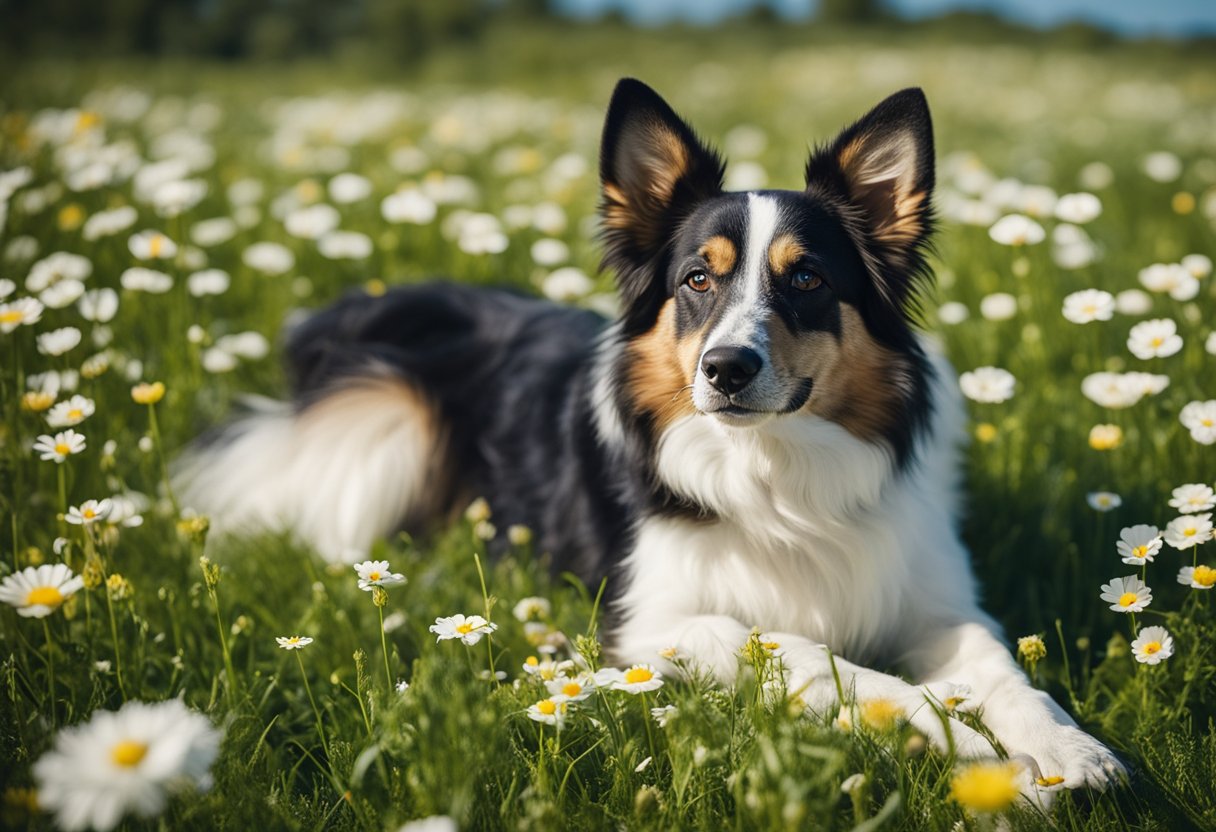 A dog lying on a grassy field, surrounded by blooming flowers and a clear blue sky. The dog appears relaxed and content, with no signs of discomfort or allergies