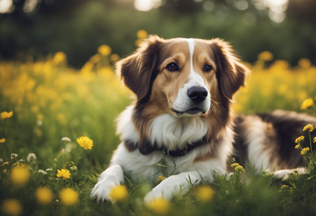 A dog lying on a grassy field with a serene expression, surrounded by various natural remedies such as herbs, flowers, and essential oils