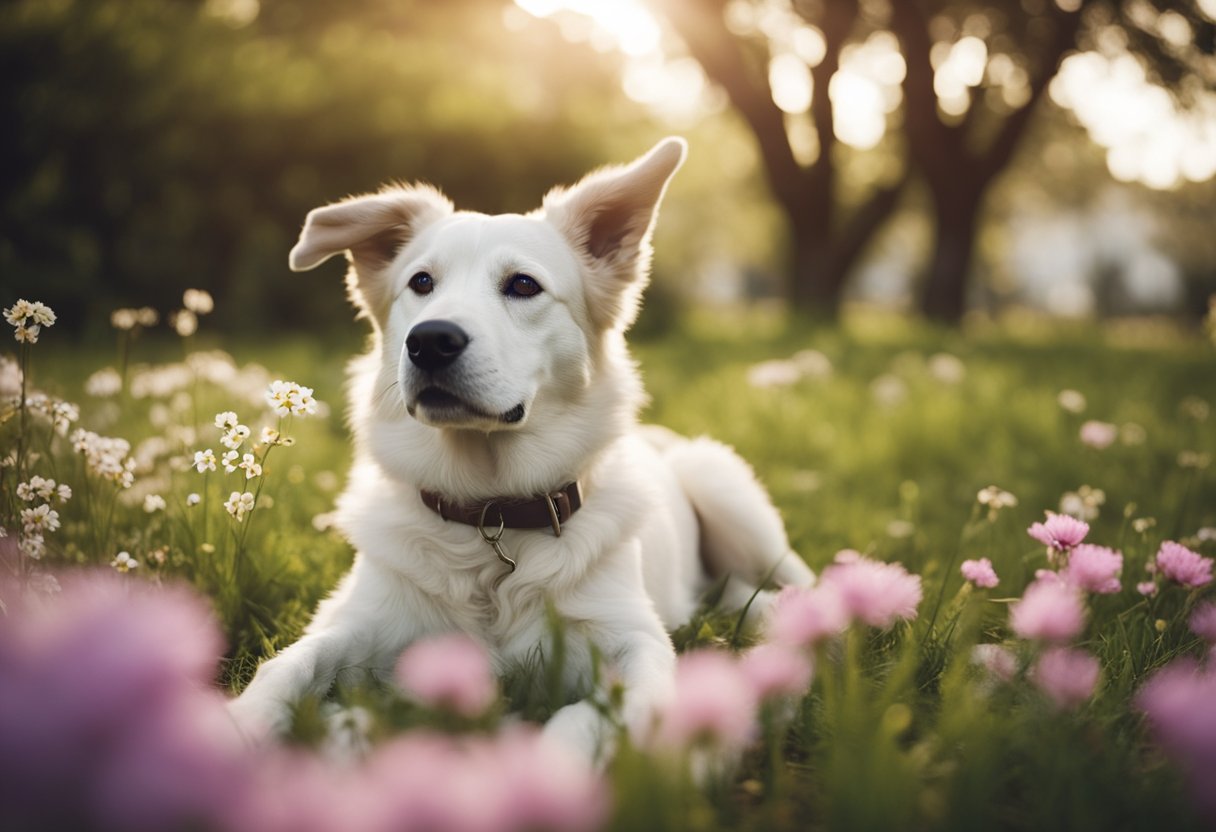 A dog lying on a grassy field, surrounded by blooming flowers and trees, with a calm and peaceful expression on its face