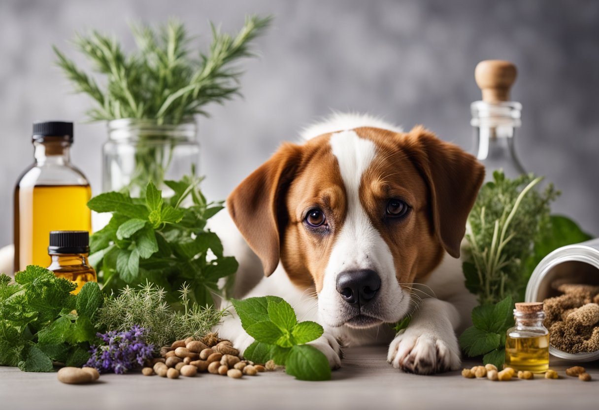 A dog scratching itself while surrounded by various natural remedies like herbs, essential oils, and homeopathic treatments