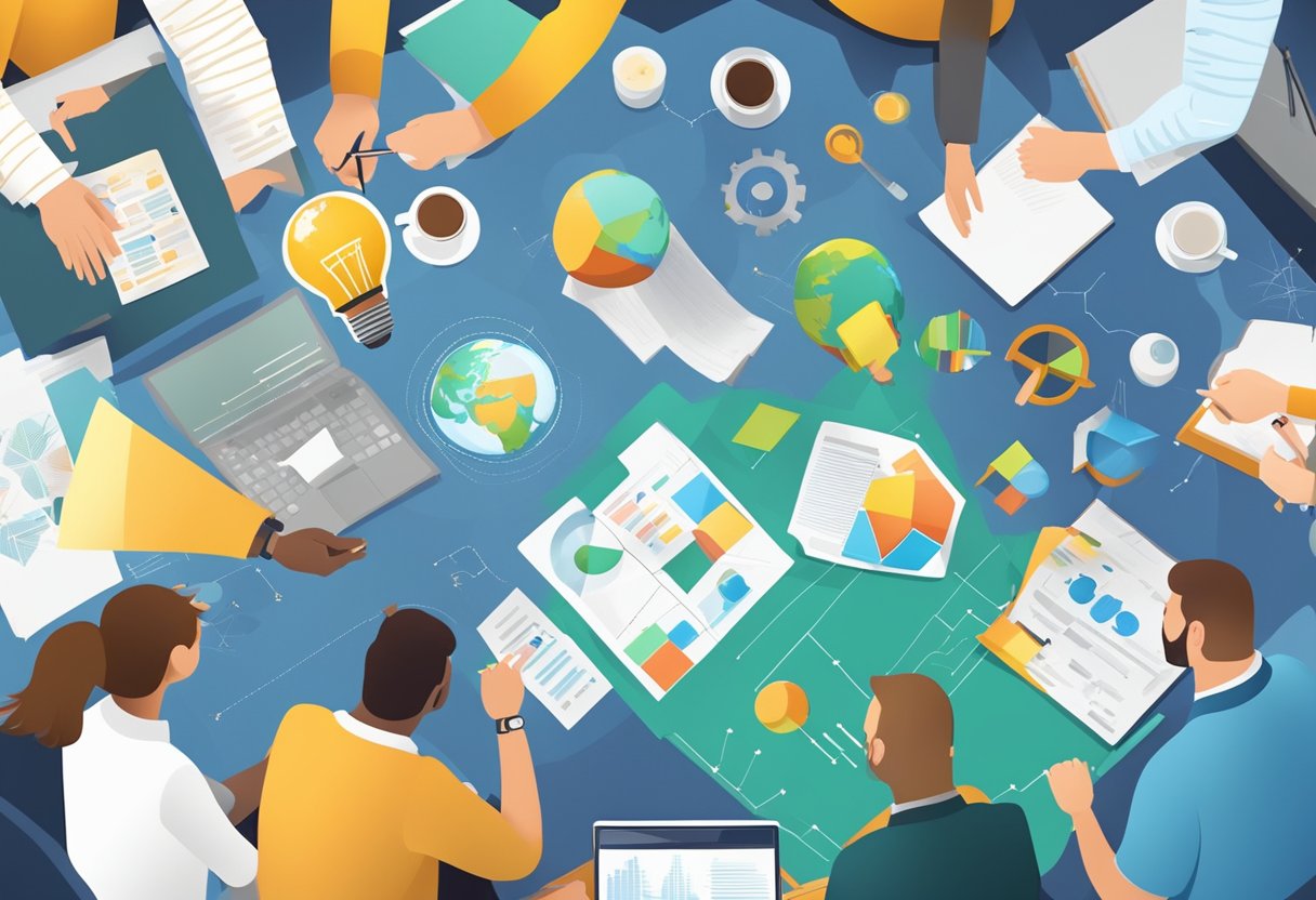 A group of diverse individuals brainstorming and collaborating, surrounded by charts, graphs, and innovative ideas